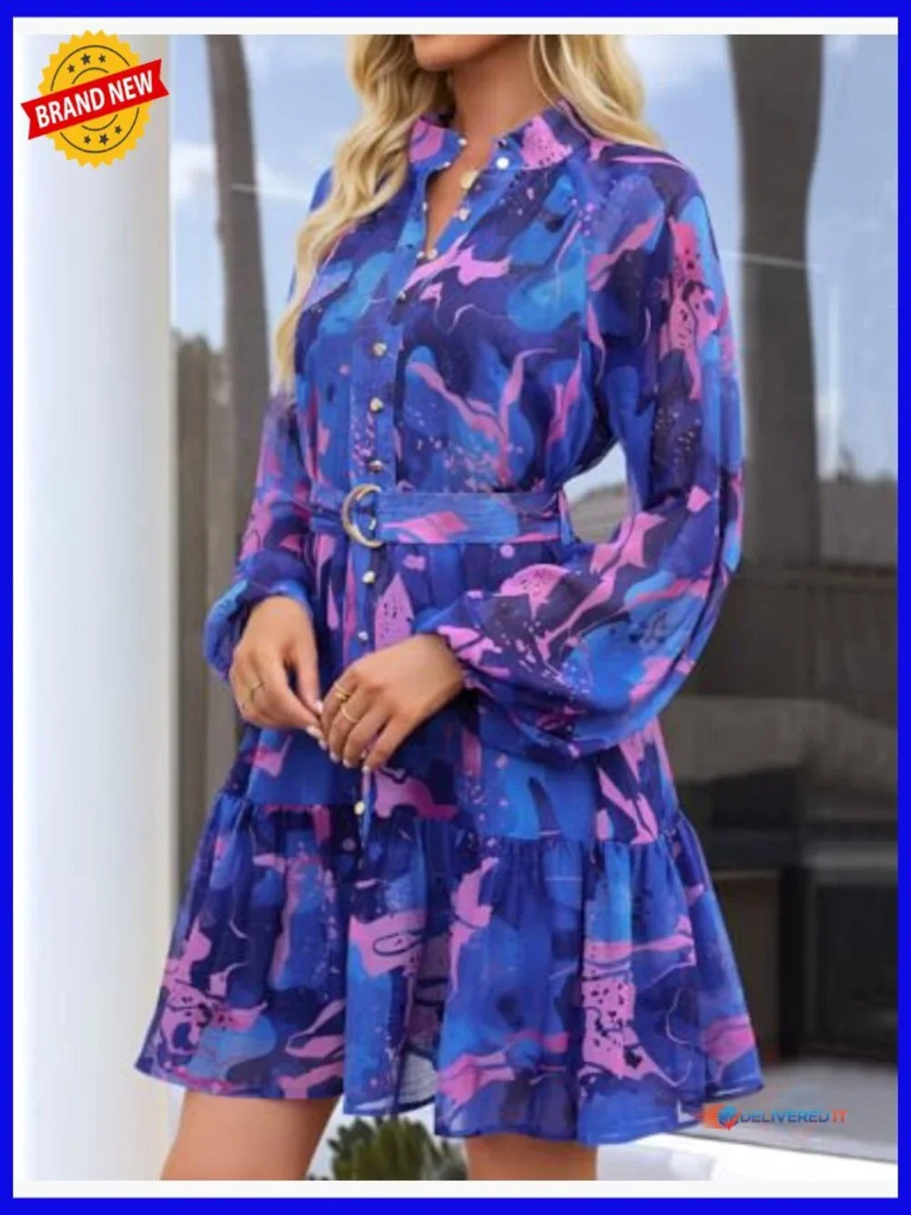 Floral Chiffon Mini Dress Long Sleeve Button A-Line Swing Party Dress - Picture 6 of 7